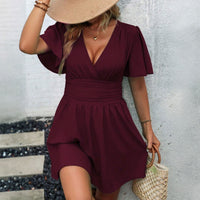 Plus Size Women Clothing Spring Summer Purplish Red Elegant Dress Waist Tight Tummy Hiding Short Dress