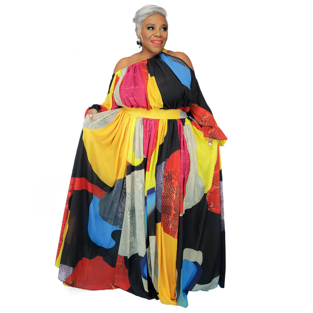 Plus Size Women Clothing Printed Loose Dress One Shoulder Strap Sexy Large Swing Dress