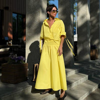 Spring Autumn Polo Collar Shirt Yellow Skirt Set Women Two Piece Sets