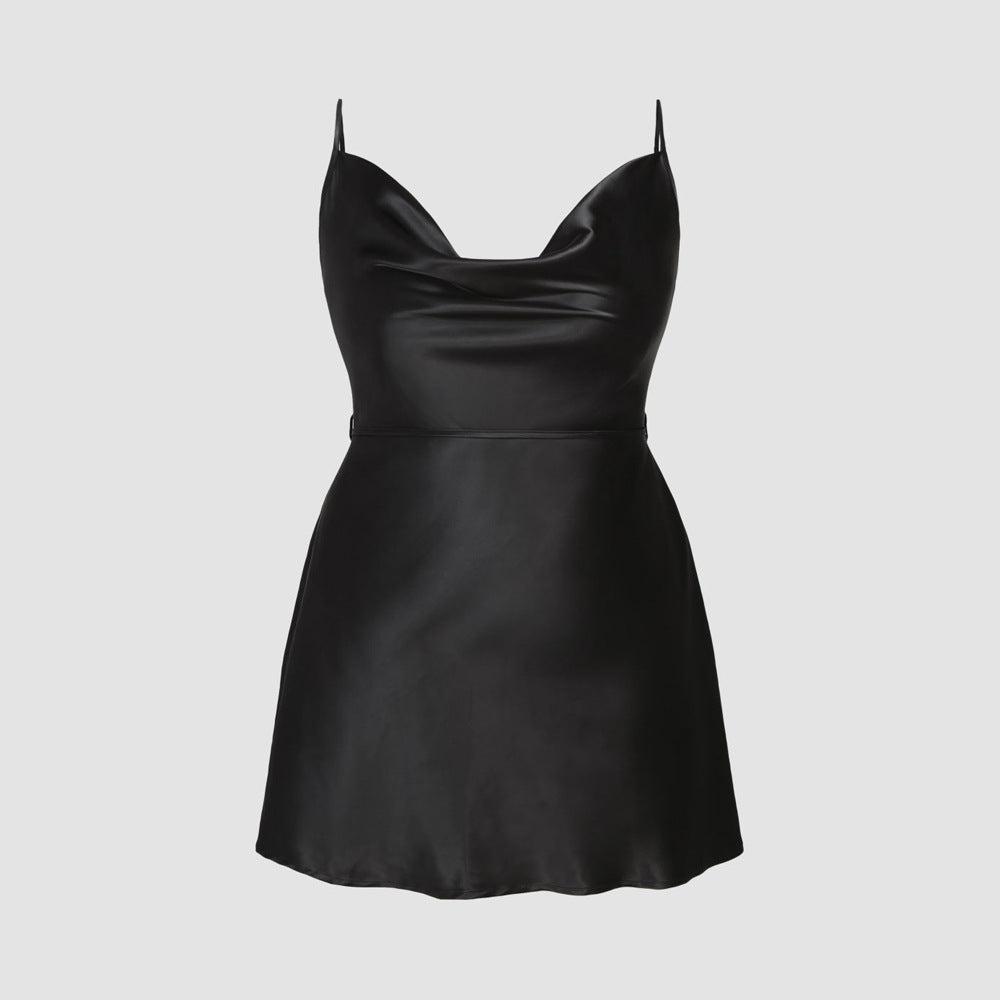 Plus Size Autumn Winter Women Clothes Graceful Satin Satin A Line Dress Swing Collar Strap Dress